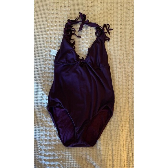 Mossimo Women's Swimsuit Fringe Neckline Halter Size Large One Piece Purple - Picture 5 of 8